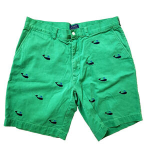Polo Ralph Lauren EMBROIDERED WHALES Preppy Mens Green Chino Shorts Size 34